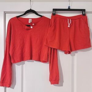 Dippin’ Daisy’s Waffle Red Cropped Long Sleeve Top and Shorts Set S Small